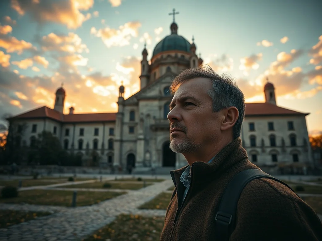 Mężczyzna podziwiający monumentalną, barokową fasadę klasztoru cystersów w Lubiążu w blasku zachodzącego słońca.