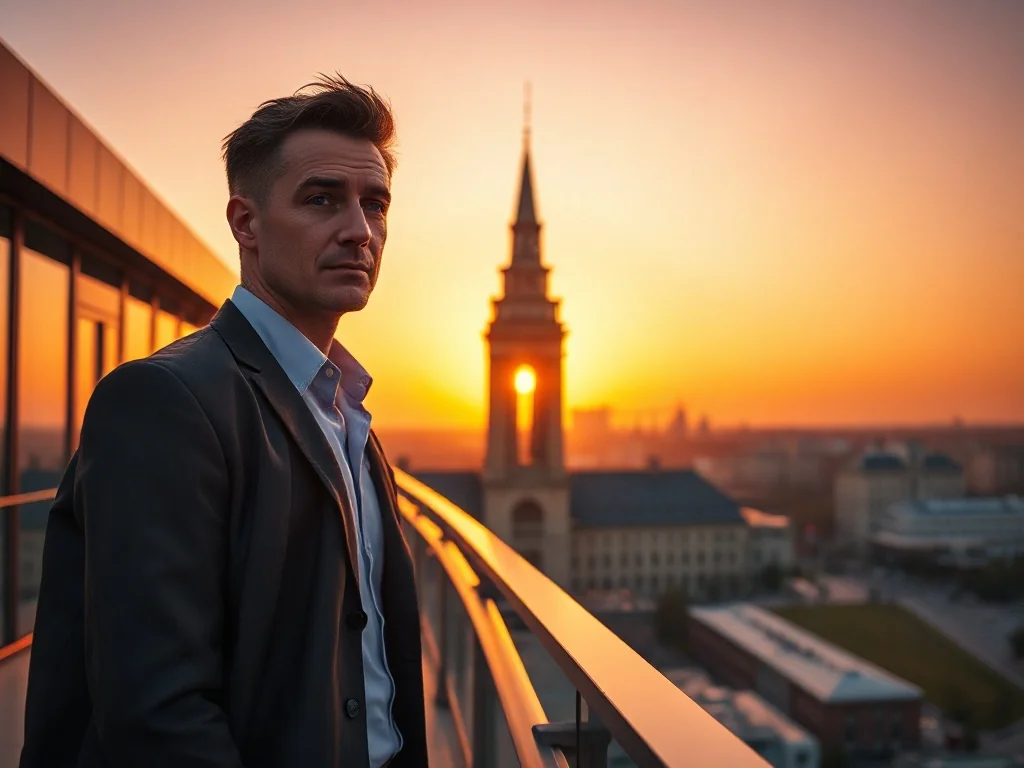 Mężczyzna podziwiający panoramę Warszawy z tarasu widokowego Pałacu Kultury i Nauki podczas zachodu słońca.