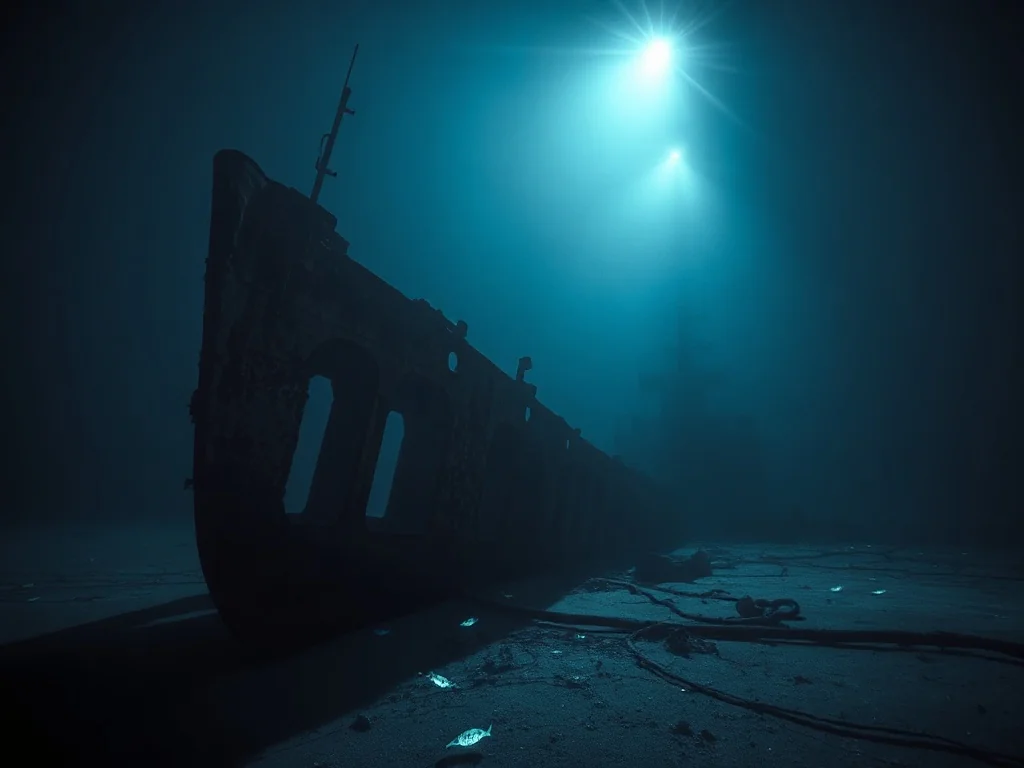 Zardzewiały dziób wraku Titanica spoczywający na ciemnym dnie oceanu, oświetlony reflektorami batyskafów.